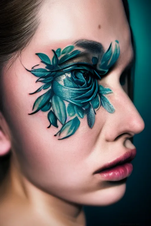 Image similar to hyperrealistic hyper detailed close-up portrait of woman covered in rococo flower tattoos matte painting concept art key sage very dramatic dark teal lighting low angle hd 8k sharp 35mm shallow depth of field