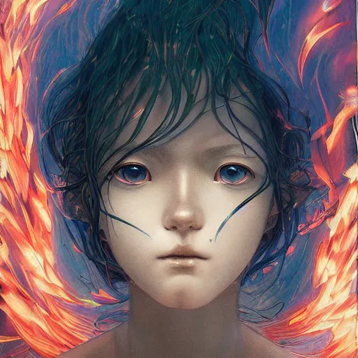Image similar to prompt : flames and lightnings portrait soft light painted by james jean and katsuhiro otomo and erik jones, inspired by evangeleon anime, smooth face feature, intricate oil painting, high detail illustration, sharp high detail, manga and anime 1 9 9 9