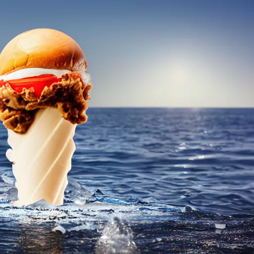 Image similar to a detailed photograph of a levitating ice cream cone growing out of a hamburger hovering over the ocean