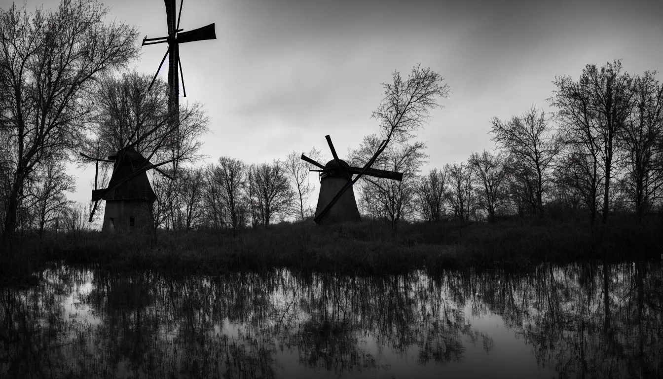 Prompt: old abandoned windmill in the middle of grassy flooded swamp, dark, atmospheric, scary, claustrophobic, ambient vibe, very detailed, black and white, 4 k