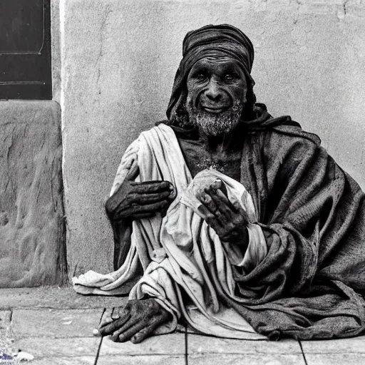 Image similar to ragged leper begging for coins on a streetcorner in biblical times. The street is very dusty. The leper wears brown sandals. art by michaelangelo. Black, white, red color scheme. Tricolor image. Black, white, red.