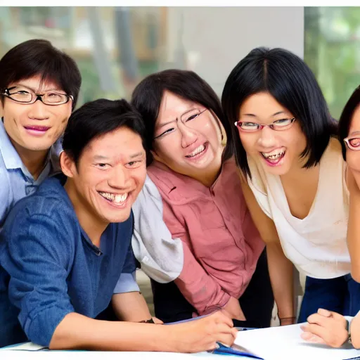 Image similar to Photograph of a group of happy asian mathematicians. Highly realistic. Highly detailed. High resolution. Dramatic. 8k