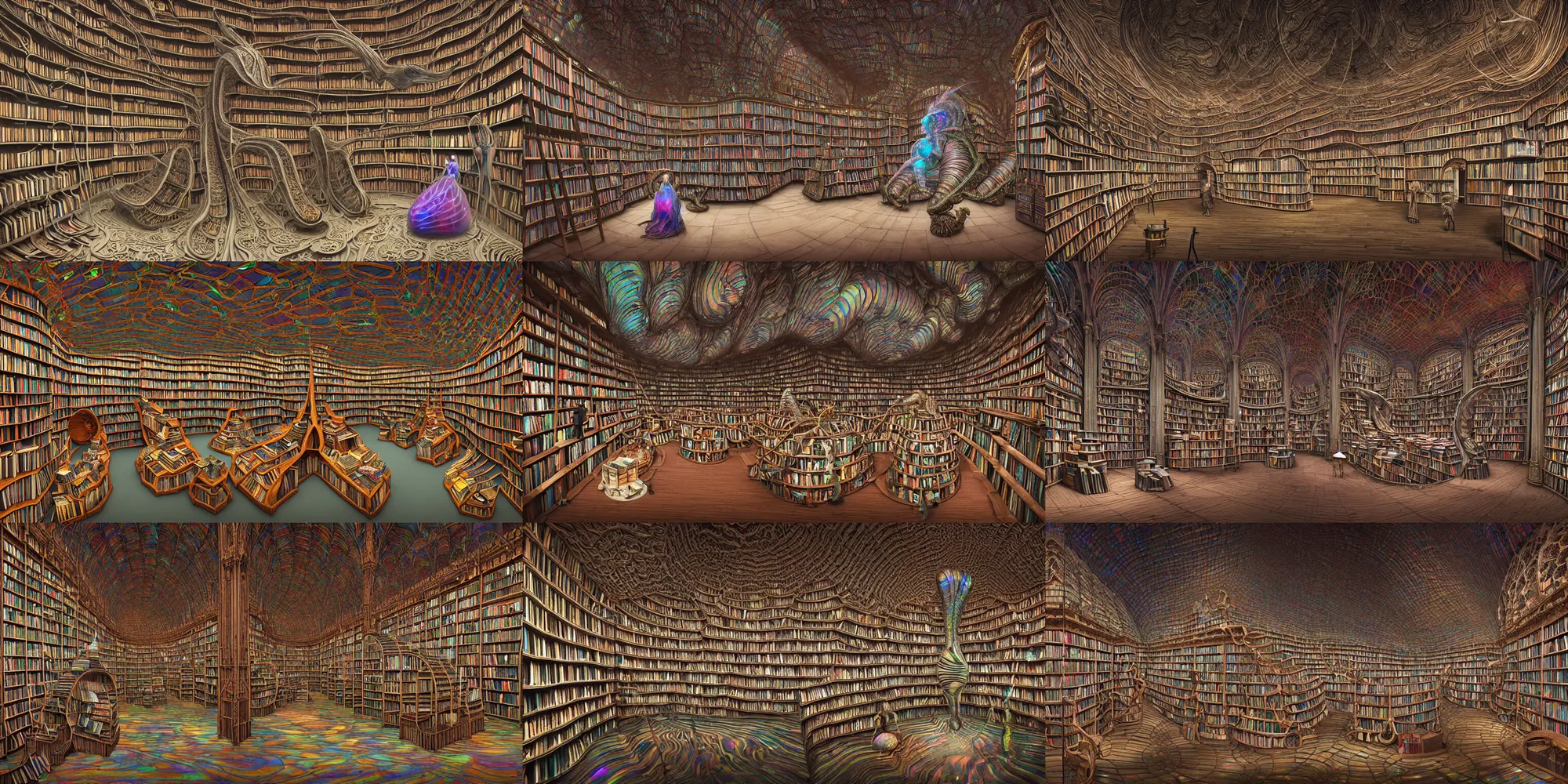 Prompt: insanely detailed generative architectural 3d render of the inside of bookshop of giant iridescent trilobites with opalescent horns, a woman in a ghostly victorian bustle guides them, masterwork, aerochrome eyes, fungal pages, Cronenberg bookshop, by Mark Ryden, Jeff Koons, Moebius, zdzisław beksiński, houdini, siggraph, threadlike, renderfarm, unreal engine 5, simulation