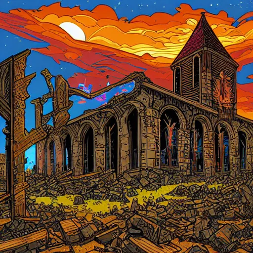 Prompt: an evil church in ruins by Dan Mumford