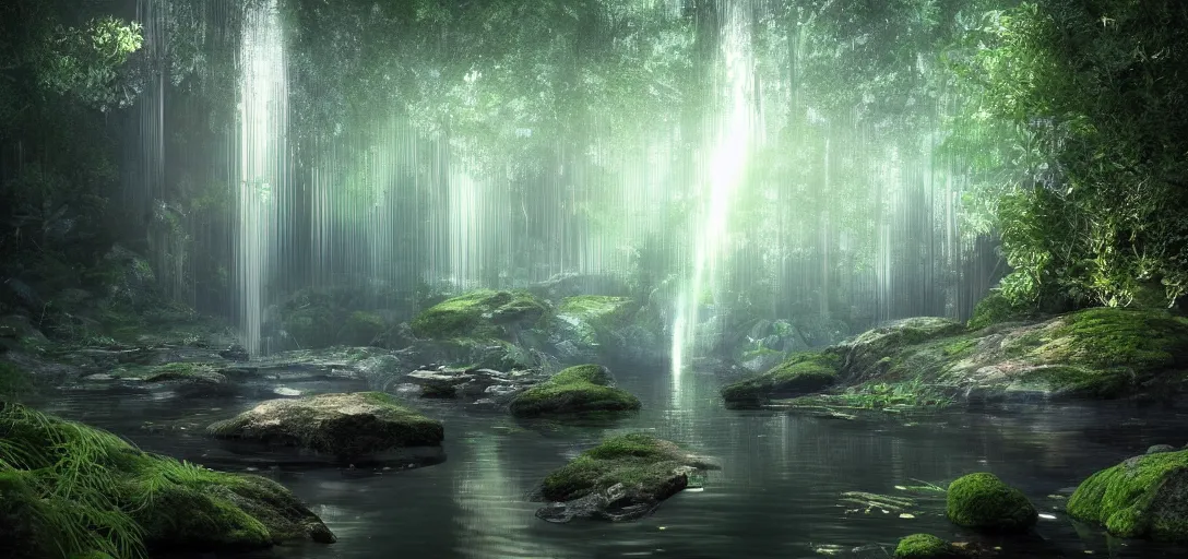 Prompt: beautiful view of a forest waterfall, glowing bubbly water with caustics, dark atmosphere, dappled light, reflections, light rays. refraction, symmetry, cinematic lighting, ultra detailed, sharp, ambient occlusion, bloom, raytracing, by dylan cole, sebastian meyer and jordan grimmer