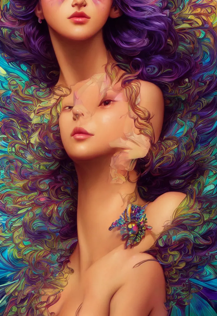 Image similar to beautiful, young woman, detailed gorgeous face, vaporwave aesthetic, synthwave, colorful, psychedelic, water droplets, feathers, crown, artstation, concept art, smooth, extremely sharp detail, finely tuned detail, ultra high definition, 8 k, unreal engine 5, ultra sharp focus, illustration, art by artgerm and greg rutkowski and alphonse mucha