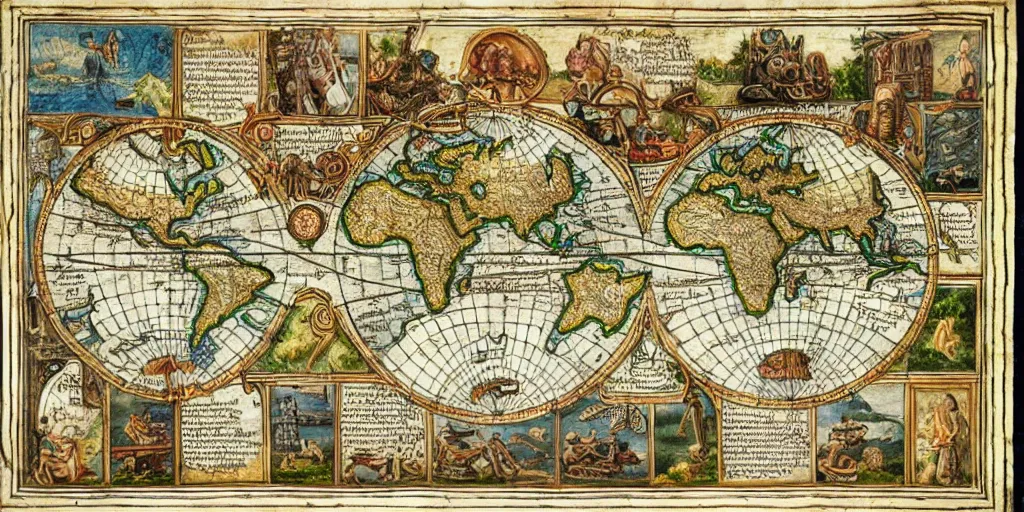 Image similar to insane ancient instructional maps, intricate details, full color,