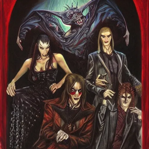 Image similar to portrait of a vampire gang, by gerald brom