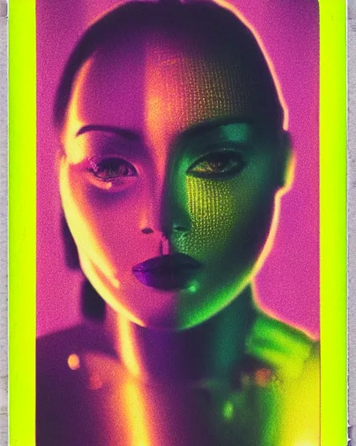 Image similar to futuristic chrome woman's face, violet and yellow and green sunset, polaroid photo, atmospheric, whimsical and psychedelic, grainy, expired film, glitched