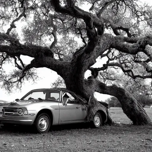 Prompt: a car in an oak tree