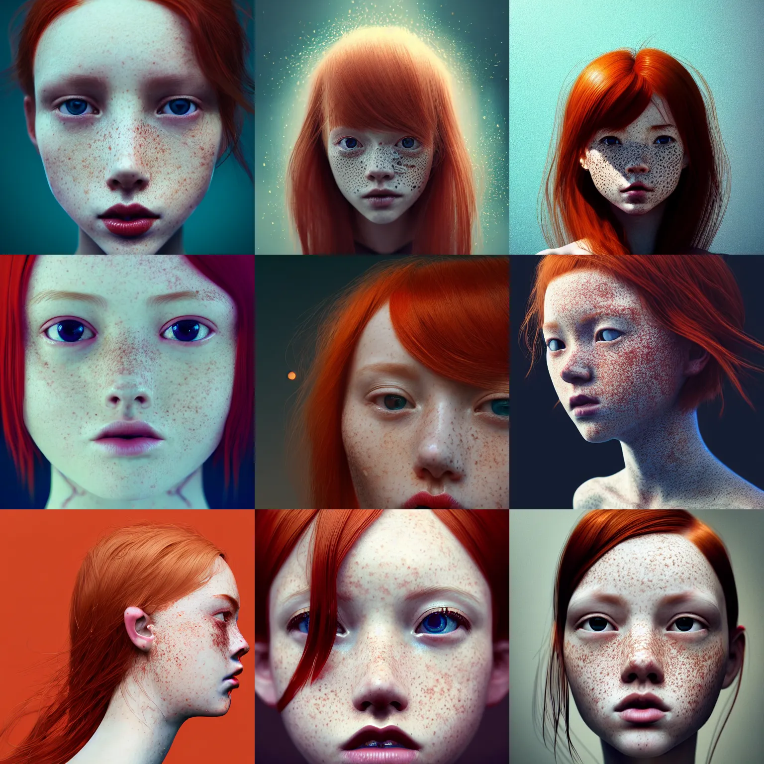 Prompt: photo of a redheaded petite girl with freckles. intricate abstract. intricate artwork, by Tooth Wu, wlop, beeple, dan mumfor, greg rutkowski, trending on artstation, very coherent symmetrical artwork, perfect face, 35 mm, cinematic, hyper realism, high detail, octane render, 8k, chrome accents