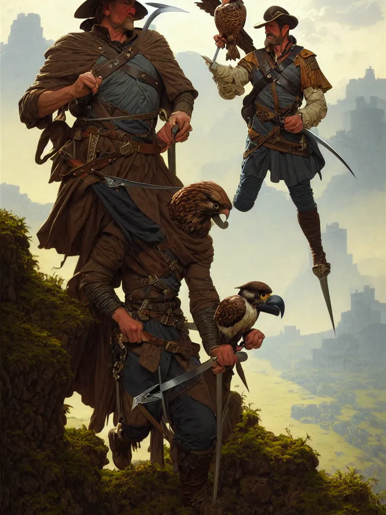 Image similar to middle age ranger with rugged expresions falcon pet on his sholder holding a long sword, top a cliff observing old ruins of a castle, elegant clothing, photorealistic render, matte patining, highly detailed, artstation, smooth, sharp focus, art by michael whelan, artgerm, greg rutkowski and alphonse mucha