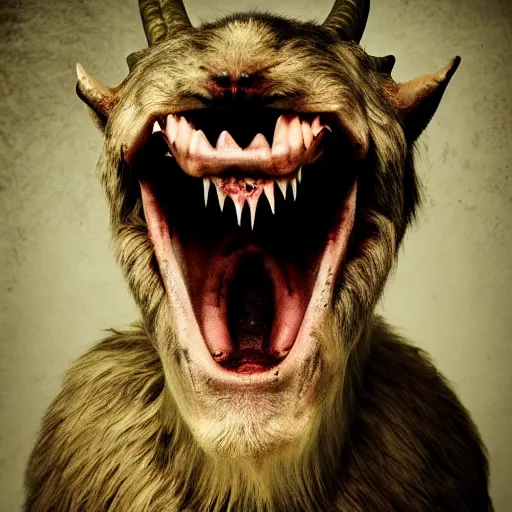 Image similar to horror photography, cinematic, moody, screeching mutant goat monster with a mouth crammed full of sharp teeth and filthy matted fur