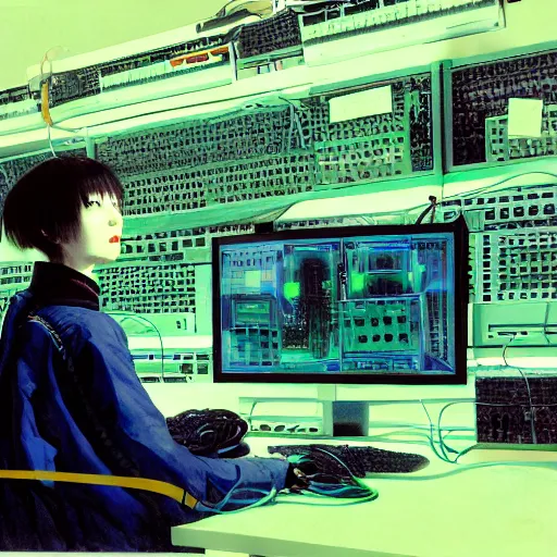 Prompt: portrait of lain iwakura, background room full of cables and computers, bright displays, blue and green tones by yoshitoshi abe, ruan jia and joao ruas, atmospheric