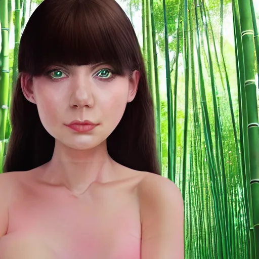 Image similar to A young beautiful giantess with a pretty face,she has green eyes, a cute nose and pink lips,she is wearing a sundress and sandals, walking in a bamboo forest ,detailed body and eyes,proper anatomy, beautiful lighting,,digital art , highly detailed , high contrast, beautiful lighting, award winning , trending on art station, 8k, photo realistic,unreal engine 5