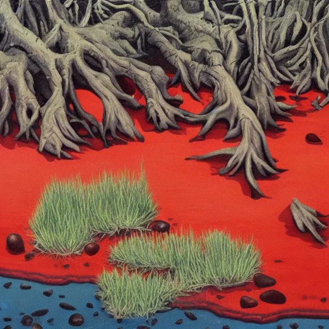 Prompt: bloody red lake with skull shaped pebbles on the shore surrounded by spikey trees, oil painting