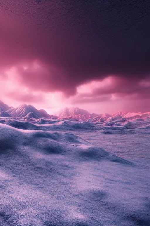 Image similar to a cgi landscape image with snow covred mountains, cinematic matte painting, snowfall, stormy weather, neon lights, extreme detail photo quality, dark moody colors, featured on behance