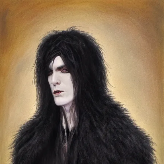 Image similar to long black hair handsome vampire lord wearing fur lined coat, portrait, oil on canvas, concept art, field of depth, fantasy, grim, dark