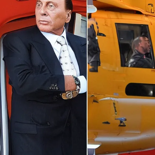 Image similar to Silvio Berlusconi Is a gangsta rapper, doing lines on the helicopter and landing at the Piper Disco, with rolex, bling bling and a bandana, and the whole police his guarding his back