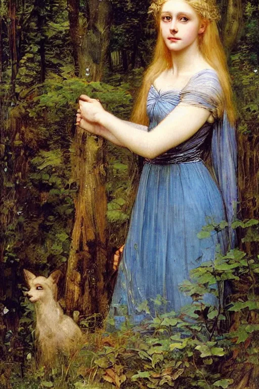 Image similar to portrait of a blue eyed, blonde haired crowned queen of summer with light elvish overtones and a forest background by John WIlliam Waterhouse