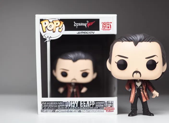 Image similar to product still of Johnny Depp funko pop with box, 85mm f1.8