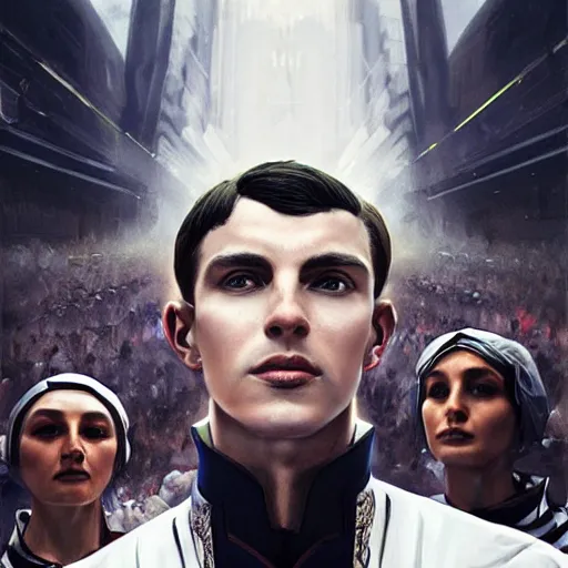 Prompt: portrait of a regal prince in futuristic white clothes, high collar, sharp cheekbones, hopeful expression, surrounded by a crowd of furious people out of focus, matte painting, digital art, stylized, highly detailed, by cedric peyravernay