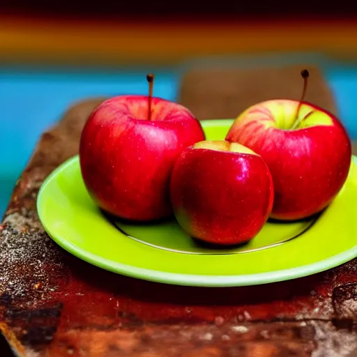 Prompt: a wide angle side view realistic photo of only 3 apples on a colorful plate, award winning, food photography, by ansel adams