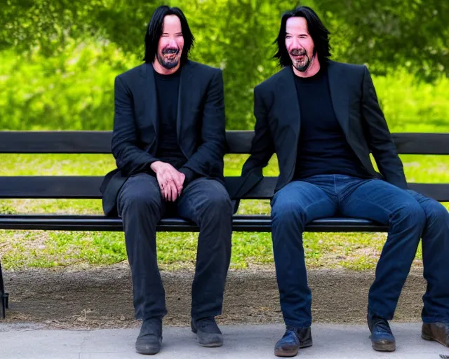 Image similar to photo of happy keanu reeves sitting on a bench in a park. lifelike. ultra detailed. intricate. soft light. nikon d 8 5 0.