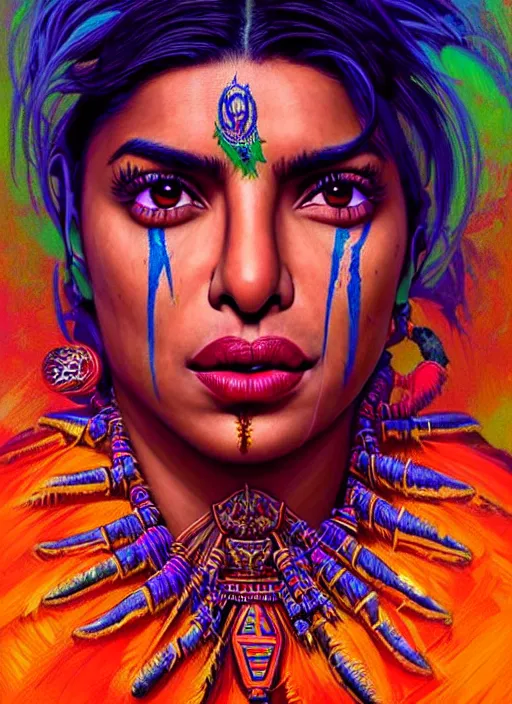 Image similar to portrait of priyanka chopra, hyper detailed ultra sharp aztec shaman warrior. trending on artstation, warpaint aesthetic, bloodwave, colorful, psychedelic, ornate, intricate, digital painting, concept art, smooth, sharp focus, illustration, art by artgerm and greg rutkowski and h. r. giger, 8 k