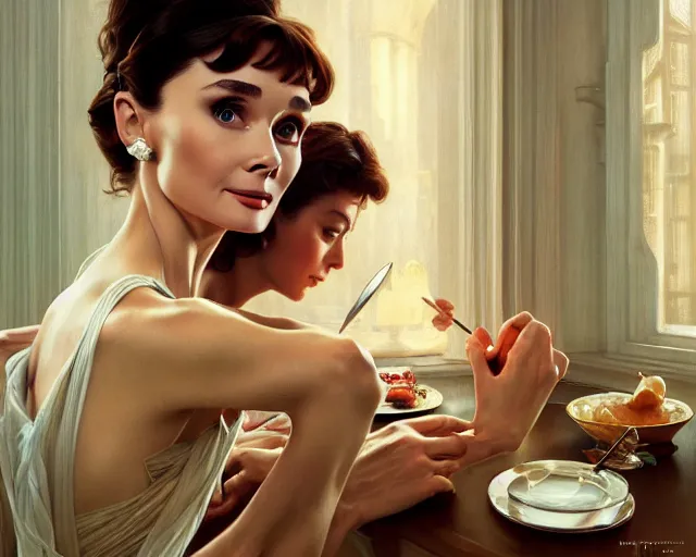 Image similar to photography of audrey hepburn in breakfast at tiffany's, deep focus, intricate, elegant, highly detailed, digital painting, artstation, concept art, matte, sharp focus, illustration, art by artgerm and greg rutkowski and alphonse mucha