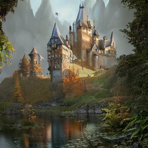 Image similar to a painting of a castle in the middle of a forest, a detailed matte painting by senior environment artist, cgsociety, gothic art, matte painting, rendered in unreal engine, artstation hq