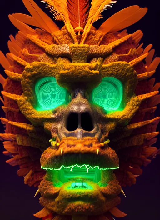 Image similar to 3 d ape shaman profile portrait, sigma 5 0 0 mm f / 5. beautiful intricate highly detailed quetzalcoatl skull and feathers. bioluminescent, plasma, lava, ice, water, wind, creature, thunderstorm! artwork by tooth wu and wlop and beeple and greg rutkowski, 8 k trending on artstation,