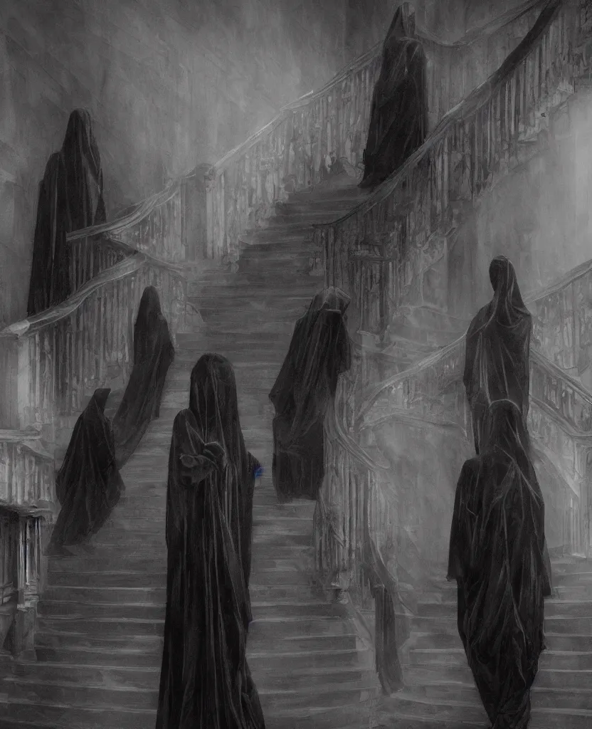 Image similar to several ritualistic figures shrouded in a long trailing dark black opaque gown, descending in tandem down a giant marble staircase away from a conference room, photorealism, hyperrealism, harsh lighting, dramatic lighting, medium shot, serious, gloomy, foreboding, cinematic, creepy