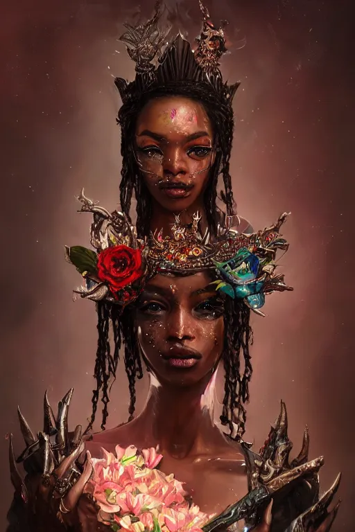 Image similar to beautiful black model wearing crystal crown full of jewels and blood, warhammer, cyberpunk, 3 d render, hyper realistic detailed portrait, holding magic flowers, scifi, fantasy, hyper detailed, octane render, concept art, peter mohrbacher, artgerm, ruan jia, wlop