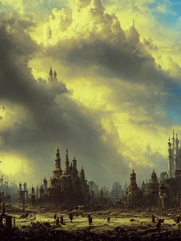 Image similar to post apocalyptic city by ivan shishkin and aivazovsky, oil on canvas, highly detailed, masterpiece