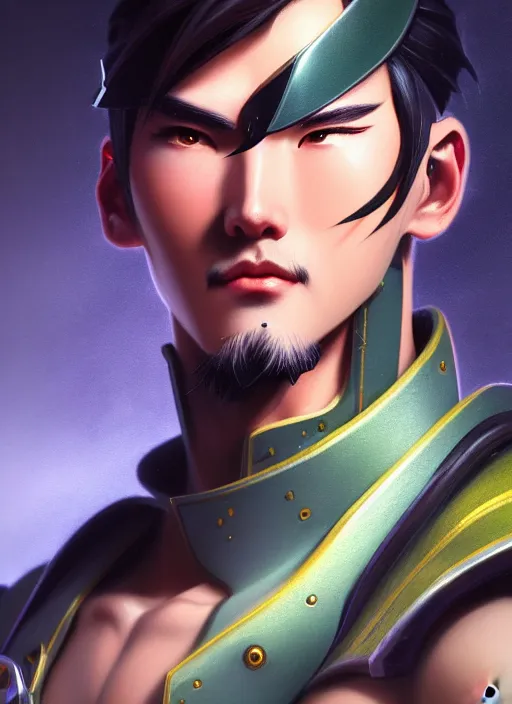 Image similar to lgenji from overwatch, fantasy, fantasy art, character portrait, portrait, close up, highly detailed, scifi art, intricate detail, amazing detail, sharp focus, vintage fantasy art, vintage sci - fi art, radiant light, trending on artstation, caustics, by boris vallejo