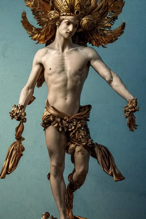 Prompt: a young handsome Spanish prince in a full-body bronze baroque and cyberpunk style statue of Icarus posed like a bird, crown of peach roses, flowing teal-colored silk, fabric, flowers. baroque elements, human skull. full-length view. baroque element. intricate artwork by caravaggio. many many birds birds on background. Trending on artstation, octane render, cinematic lighting from the right, hyper realism, octane render, 8k, depth of field, 3D