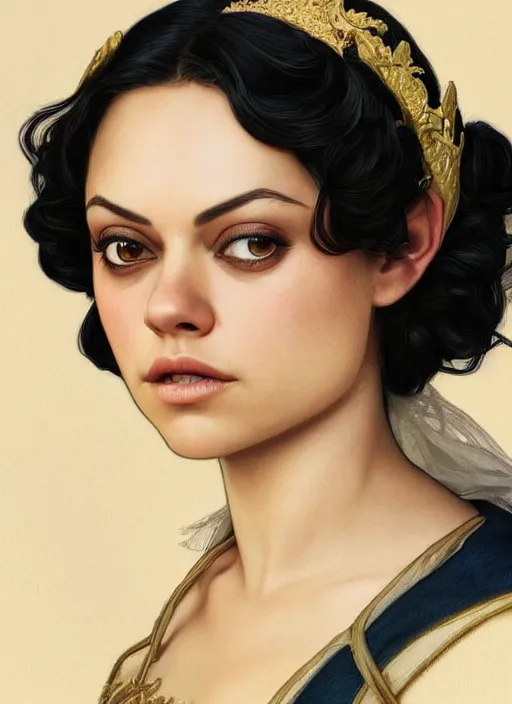 Image similar to beautiful young mila kunis as snow white princess disney, closeup, d & d, fantasy, intricate, elegant, highly detailed, digital painting, artstation, concept art, matte, sharp focus, illustration, art by artgerm and greg rutkowski and alphonse mucha