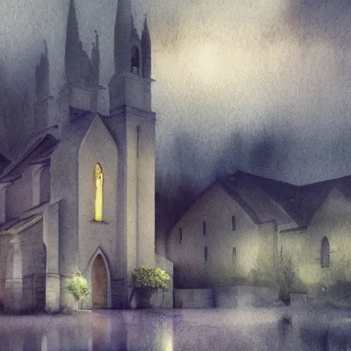 Prompt: realistic extremely detailed watercolor painting portrait of church, dusk, elegant, moody muted colors, Paul klee, octane render, 4k