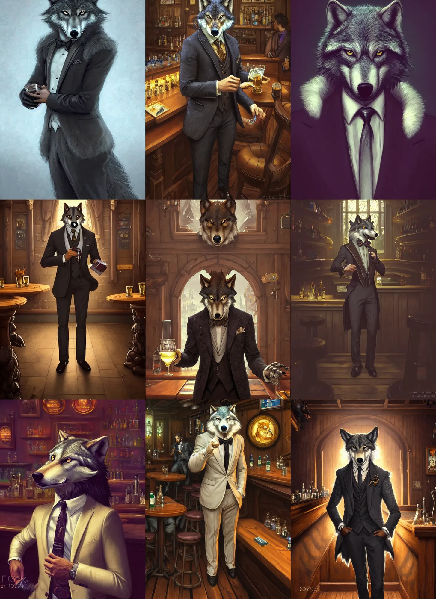 Prompt: photograph of a male anthropomorphic wolf fursona wearing a nice suit at a bar, deep focus, intricate, elegant, highly detailed, digital painting, artstation, concept art, matte, sharp focus, illustration, d & d, fantasy, hearthstone, art by artgerm and greg rutkowski and alphonse mucha