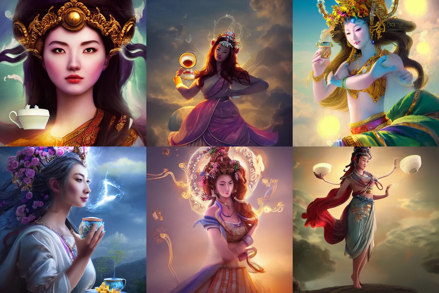 Prompt: a beautiful female goddess of tea character, character is in all its glory, character is centered on the image, character is in heroic natural pose, rim lights, tea in the air, fancy clouds, highly detailed professional photo, dynamic lights, particles are flying, depth of field, trending on artstation, illustration, hyper realistic, vray caustics, super detailed, colorful accents, cinematic shot