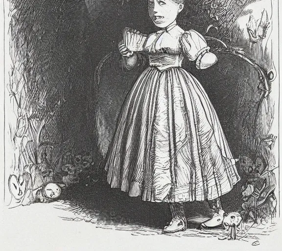 Prompt: Tenniel illustration portrait of Alice, walking in wonderland