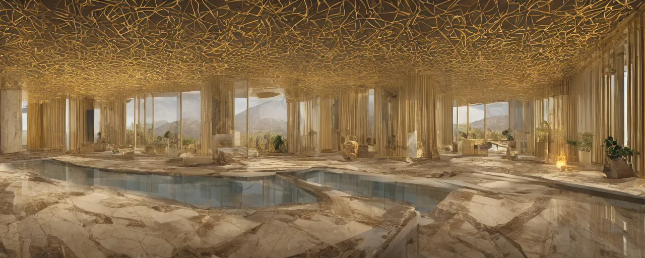 Image similar to photo of a cinematic interior of a double height hyper luxury spa with everything made of gold, candles, windows with view to desert mountains and river, beige stone marble floor with reflection, small wellness relaxation pool, intricate hieroglyph detailed roof, contemporary design, sacred geometry, 8 k, hyperrealistic, photorealism,