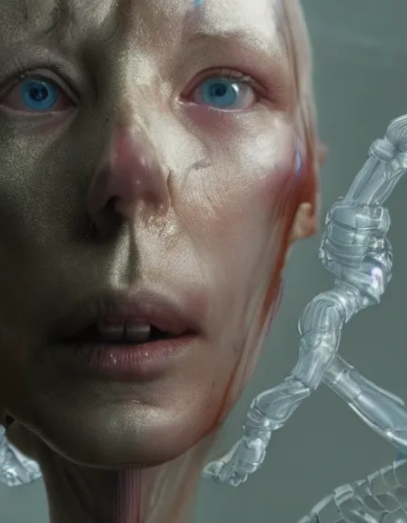 Image similar to still frame from Prometheus movie by Makoto Aida, cyborg with life within by Iris van Herpen painted by Caravaggio and by Yoshitaka Amano by Yumihiko Amano by Makoto Aida