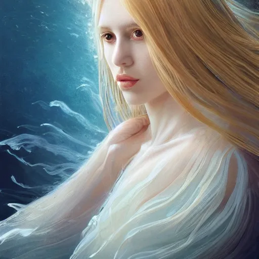 Prompt: breathtakingly detailed concept art painting portrait of a goddess floating on the sea floor, blond hair in a white sheer dress, full body, orthodox saint ornate background, by hsiao - ron cheng, very moody lighting, 8 k
