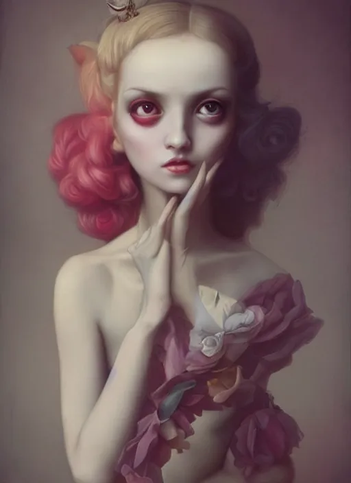 Prompt: pop surrealism, lowbrow art, realistic cute seductive female painting, romantic transparent gown, hyper realism, muted colours, rococo, natalie shau tom bagshaw, mark ryden, trevor brown style,