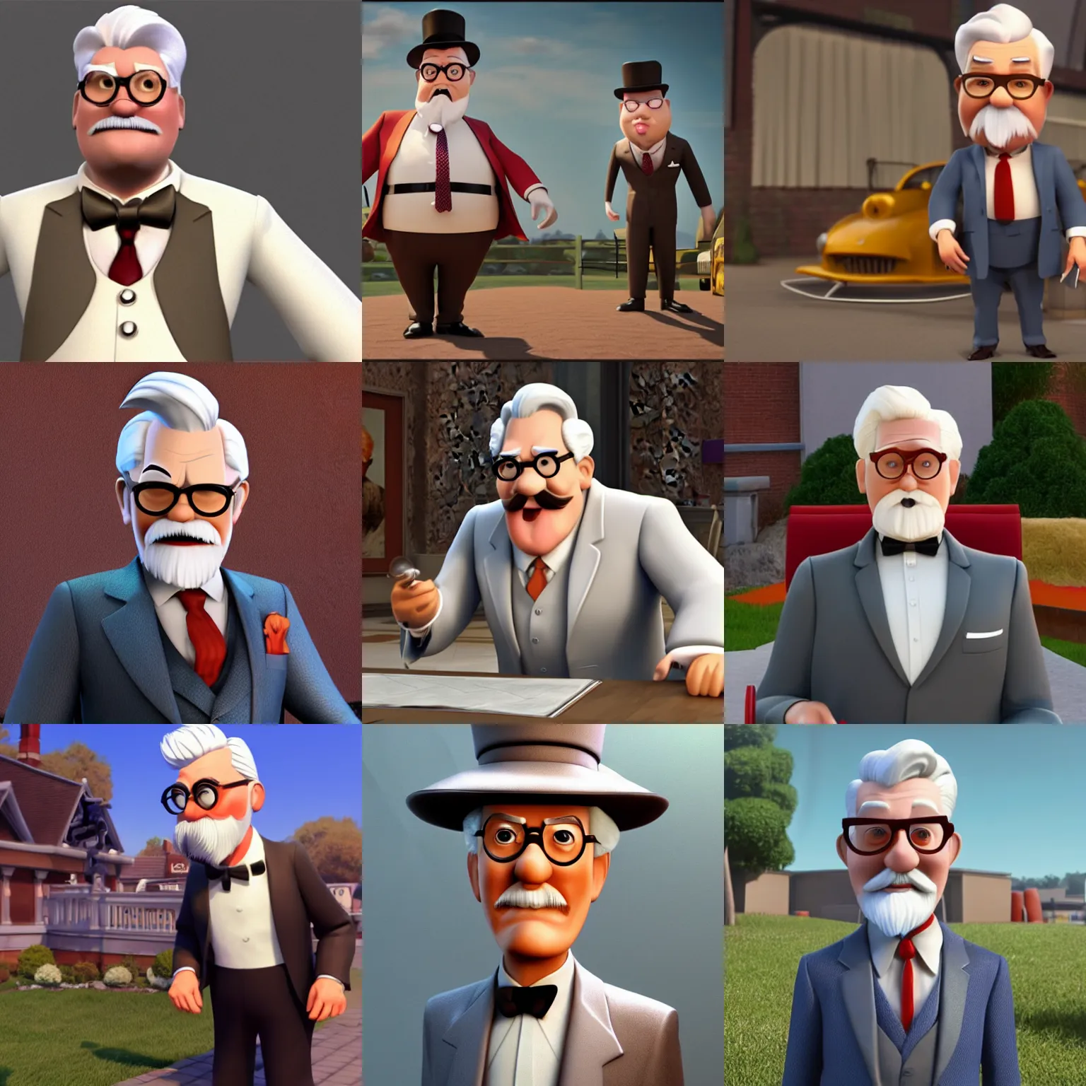 Prompt: screenshot of colonel sanders in a pixar movie. 3 d rendering. unreal engine. amazing likeness. very detailed. cartoon caricature.