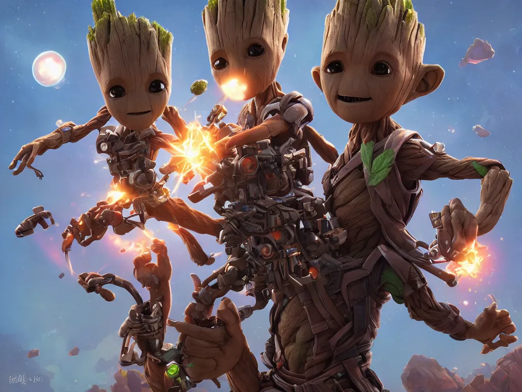 Image similar to baby groot from guardians of the galaxy!, cinematic volumentric lighting, jim cheung, david marquez, mike deodato jr, ilya kuvshinov, makoto shinka, behance hd by jesper ejsing, by rhads, hyper detailed, octane render, concept art, trending on artstation