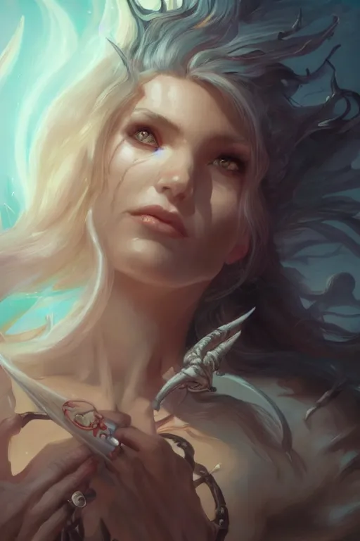 Image similar to face closeup beautiful girl necromancer full of sculls, wizard of the coast casting magic spell, angel, magic storm and thunder clouds, fantasy, magic the gathering, hyper detailed, 3 d render, hyper realistic detailed portrait, peter mohrbacher