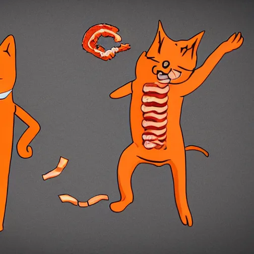 Image similar to orange tabby cat fighting an anthropomorphic humanoid bacon strip, anthropomorphic humanoid bacon strip fighting tabby, realistic